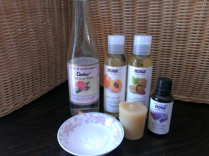 Ingredients: rose water, borax, apricot oil, almond oil, bee-wax and lavender oil