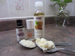 From left to right: Lavender Oil, Vitamin E Oil, Almond Oil, Beeswax, Shea Butter